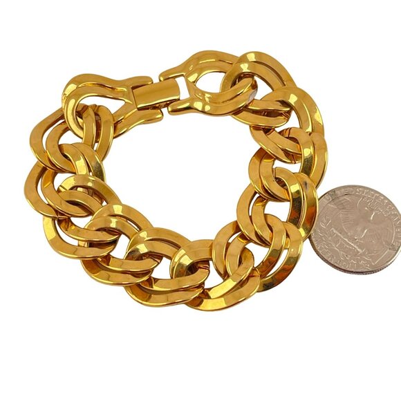 Monet Gold Plated Heavy Link Chain Bracelet 1980s Double Link - Picture 6 of 11